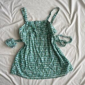 Y2K Aqua Geometric Cotton Babydoll Tank Top - Tie Back Retro Summer - Size XL